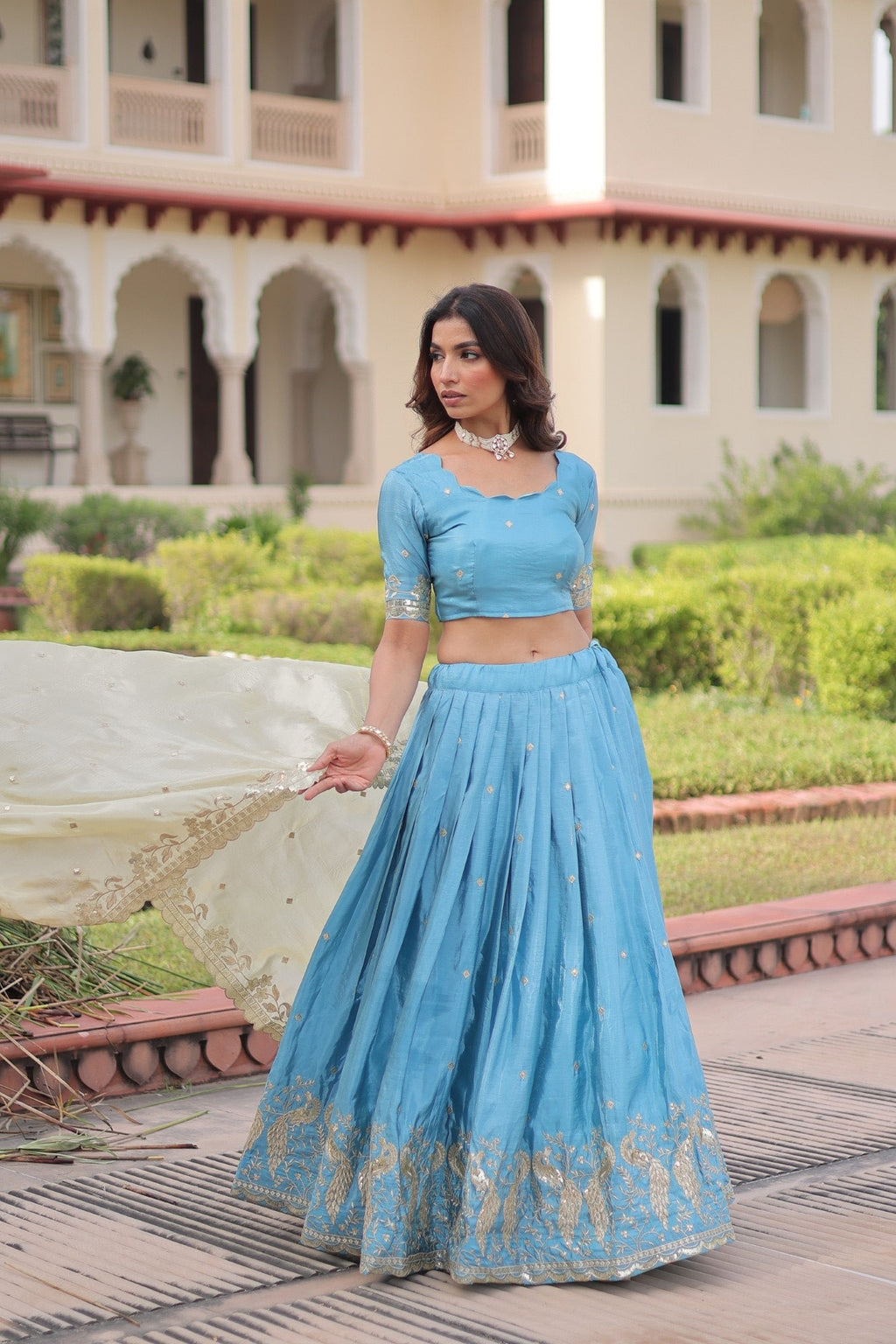 Lorenvalley Fashion Skyblue Gold Crush with Sequins & Zari Embroidered Work Lehenga Choli with Dupatta