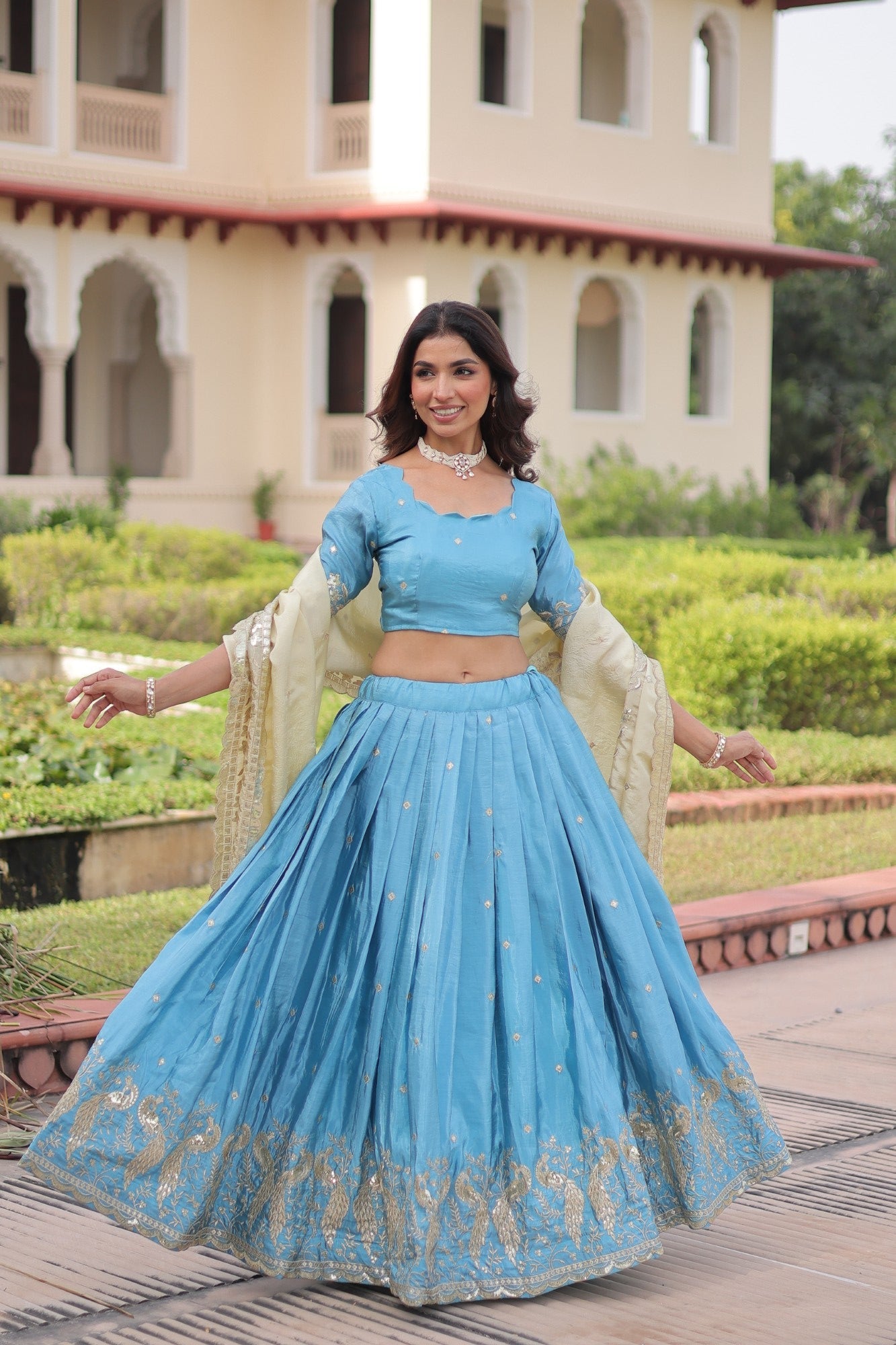 Lorenvalley Fashion Skyblue Gold Crush with Sequins & Zari Embroidered Work Lehenga Choli with Dupatta