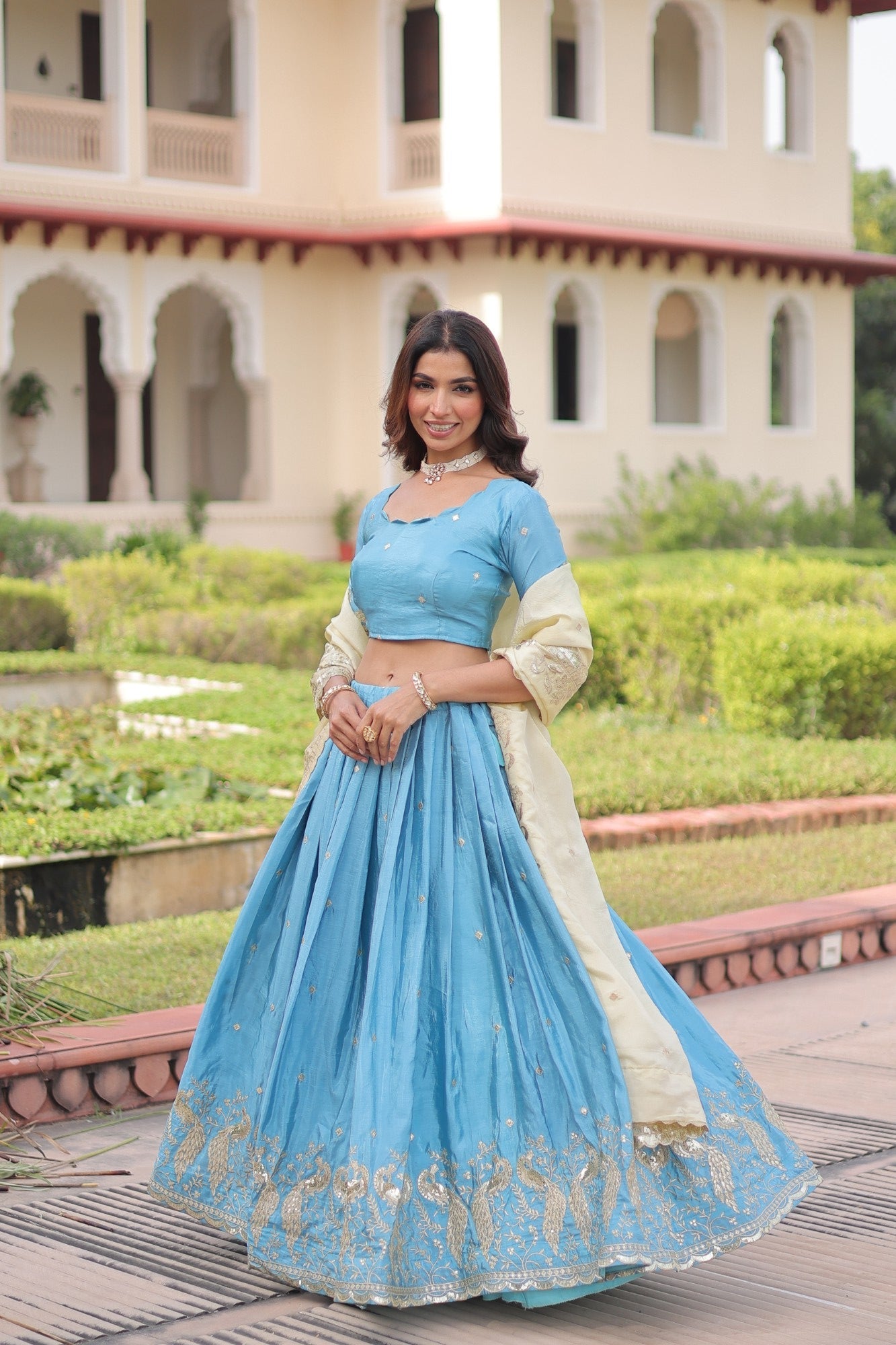 Lorenvalley Fashion Skyblue Gold Crush with Sequins & Zari Embroidered Work Lehenga Choli with Dupatta