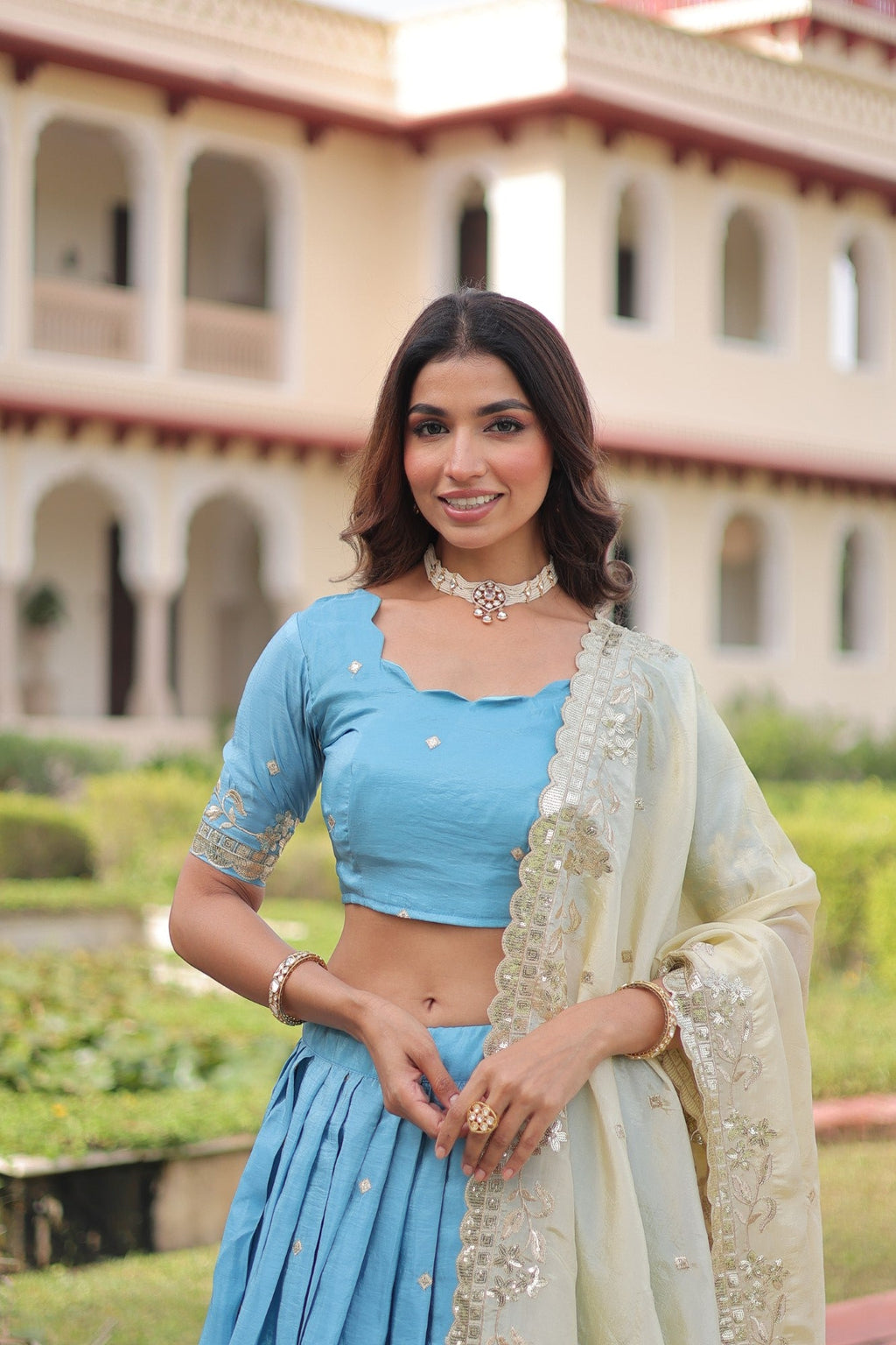 Lorenvalley Fashion Skyblue Gold Crush with Sequins & Zari Embroidered Work Lehenga Choli with Dupatta