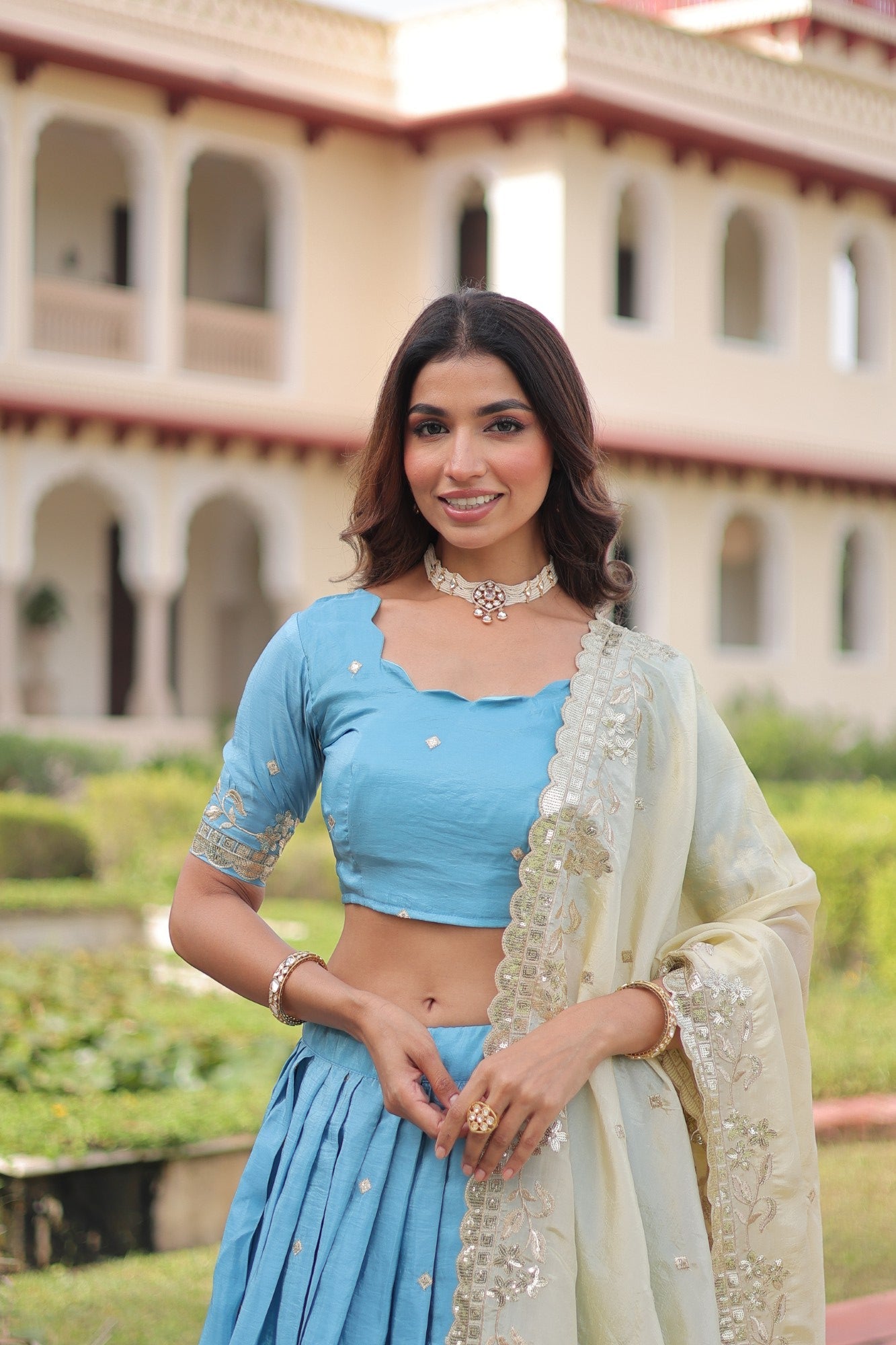 Lorenvalley Fashion Skyblue Gold Crush with Sequins & Zari Embroidered Work Lehenga Choli with Dupatta
