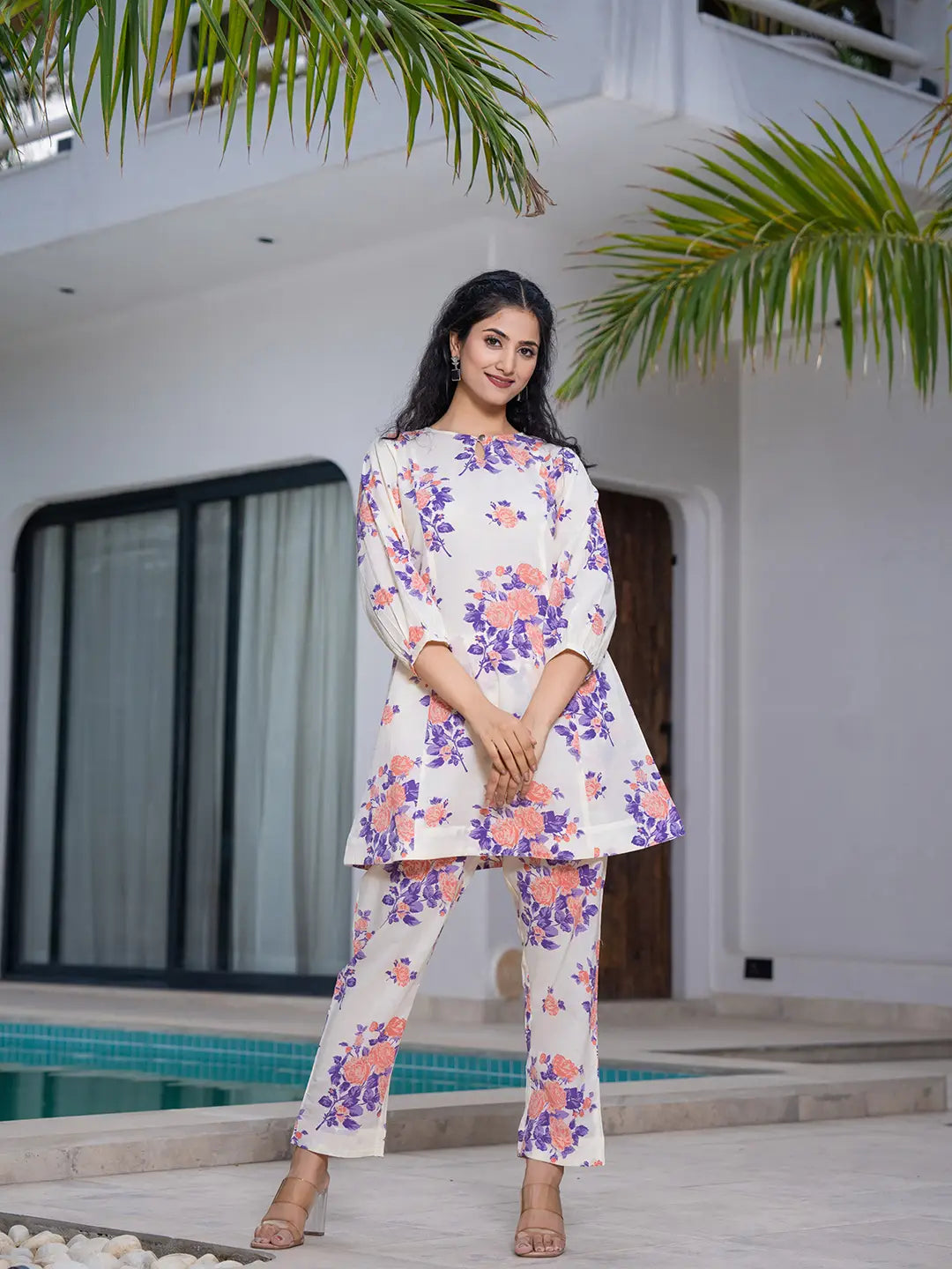 Yufta Peach Floral Print Top And Trouser Co Ord Set