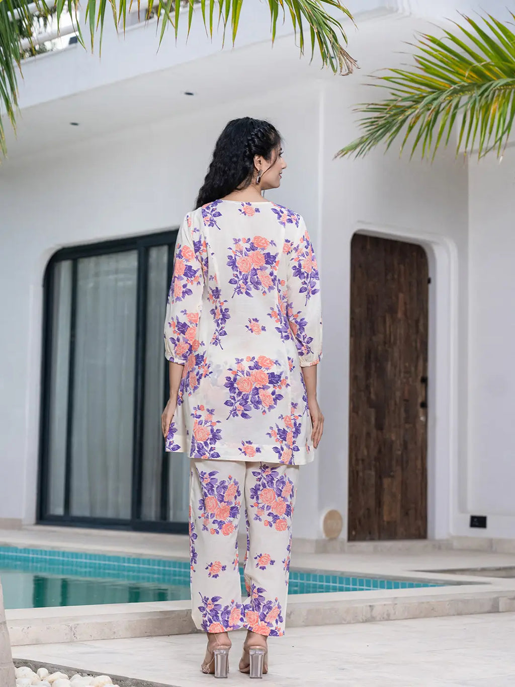 Yufta Peach Floral Print Top And Trouser Co Ord Set