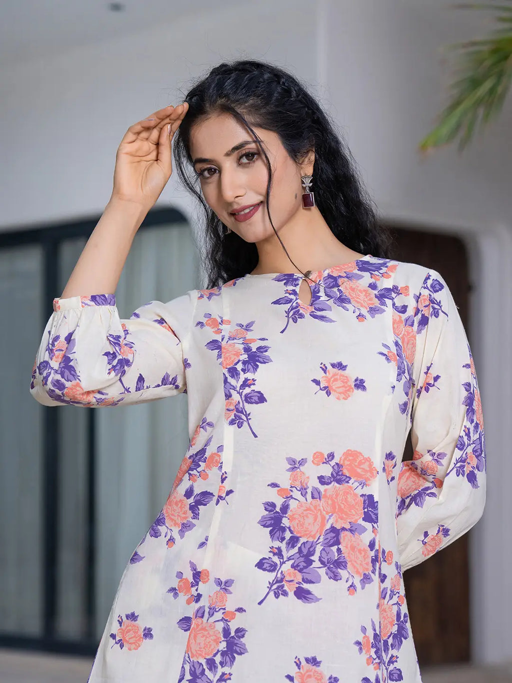Yufta Peach Floral Print Top And Trouser Co Ord Set