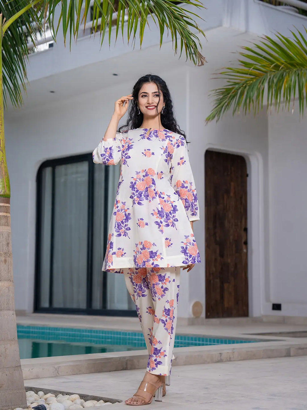 Yufta Peach Floral Print Top And Trouser Co Ord Set