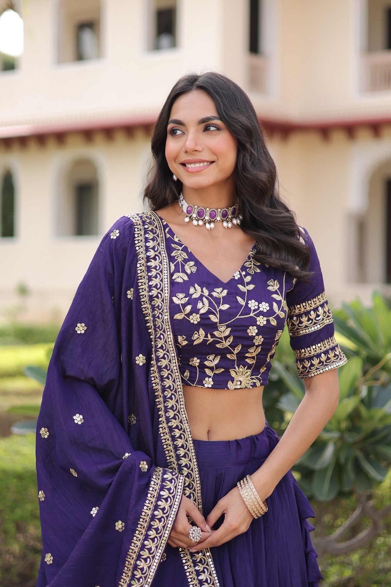 Lorenvalley Fashion Purple NC Vichitra Silk Sequins & Zari Embroidered Work Lehenga Choli with Dupatta