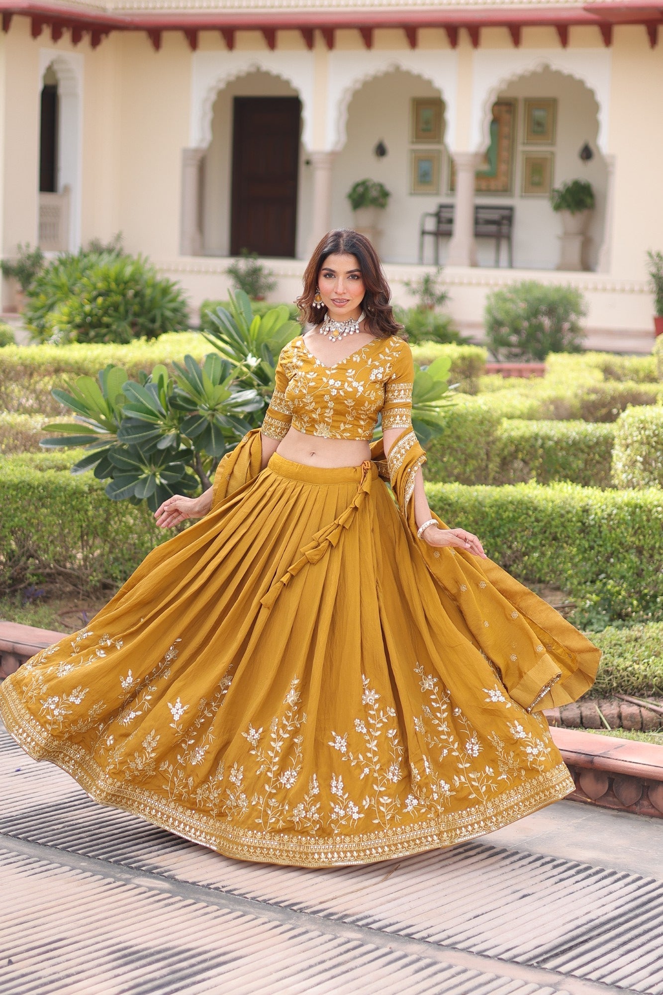 Lorenvalley Fashion Yellow NC Vichitra Silk Sequins & Zari Embroidered Work Lehenga Choli with Dupatta