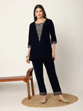 Yufta Navy Blue Velvet Embroidered Co-Ord Set