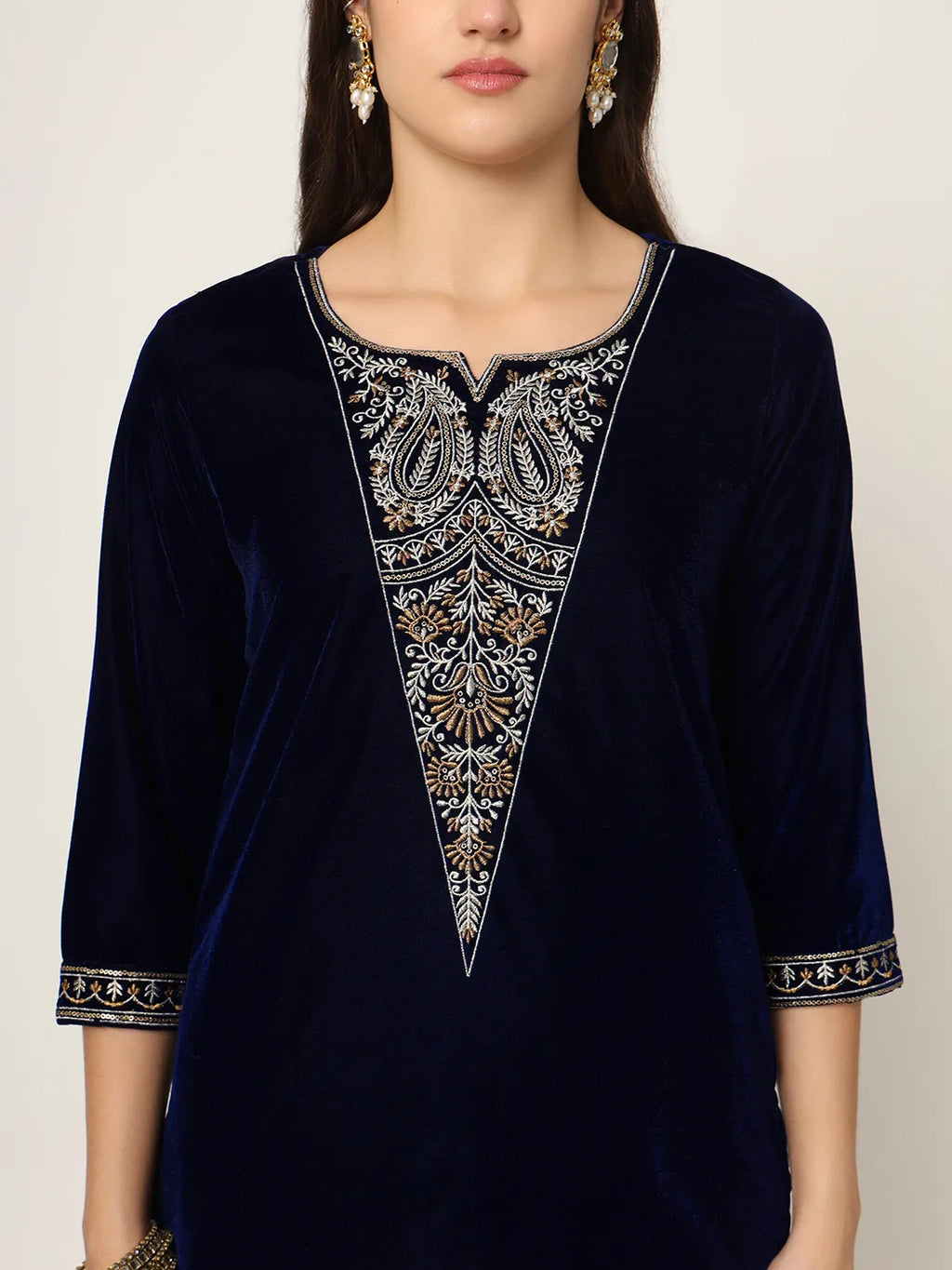 Yufta Navy Blue Velvet Embroidered Co-Ord Set