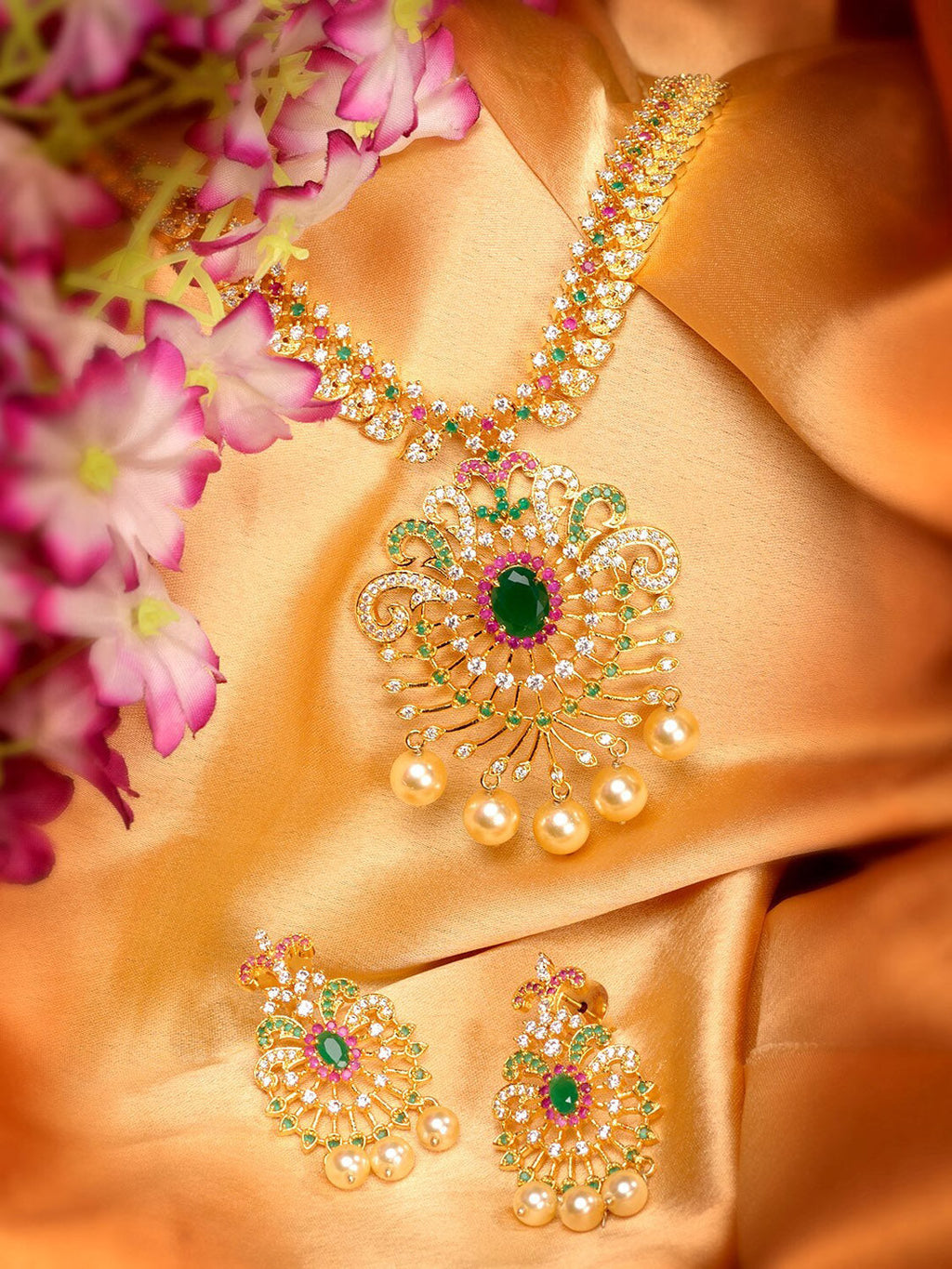 Saraf RS Jewellery Women Gold-Toned & Multi-Coloured CZ-Studded Handcrafted Jewellery Set