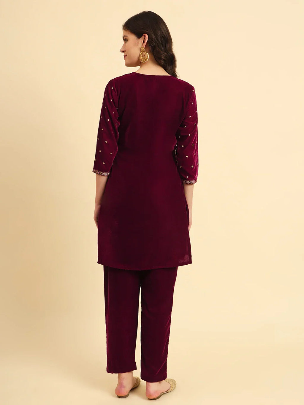 Yufta Magenta Velvet embroidered Co Ord Set With Cotton Lining