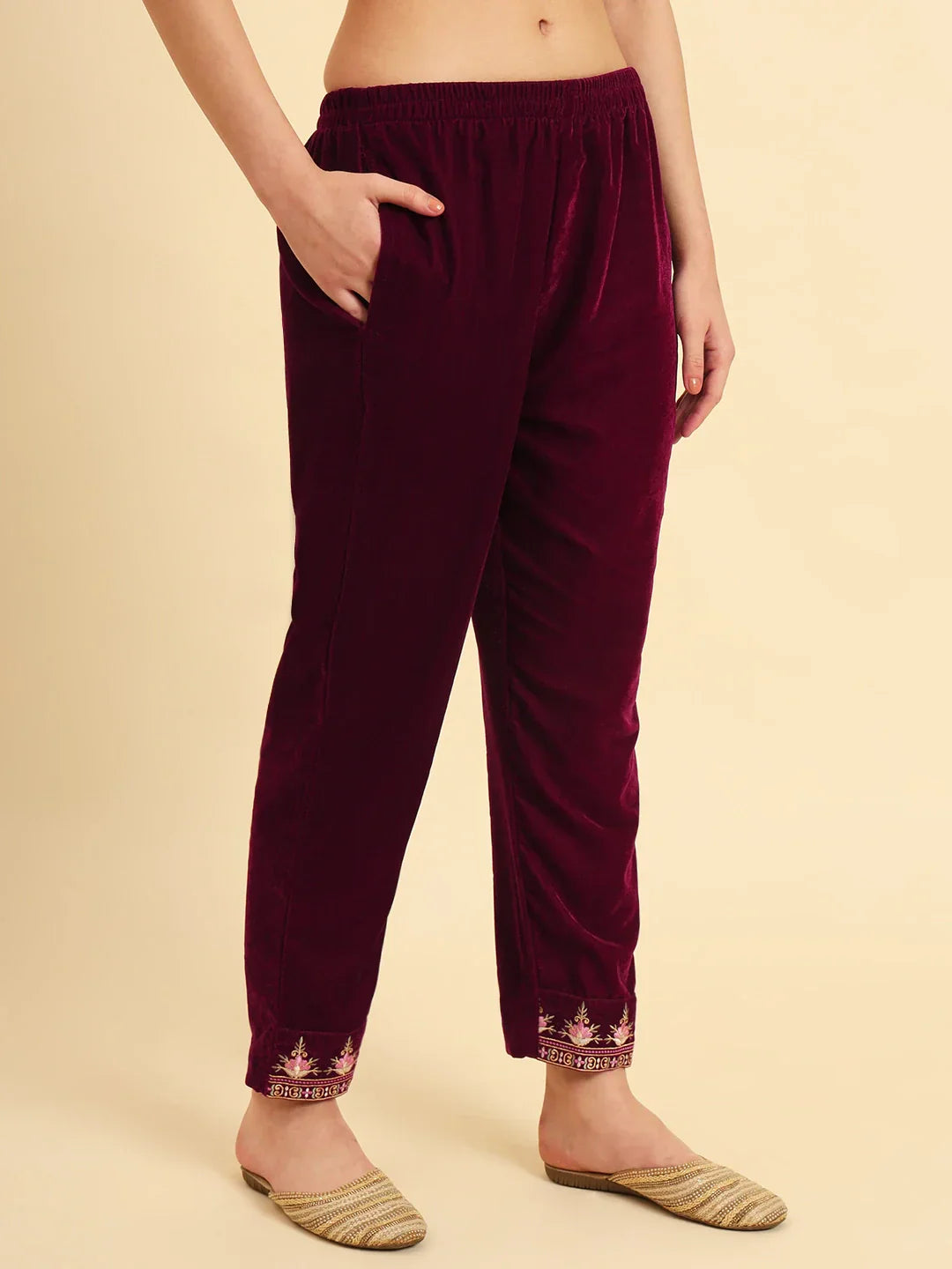 Yufta Magenta Velvet embroidered Co Ord Set With Cotton Lining
