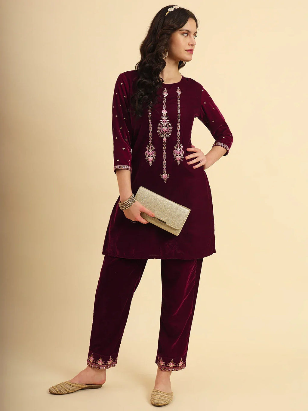 Yufta Magenta Velvet embroidered Co Ord Set With Cotton Lining