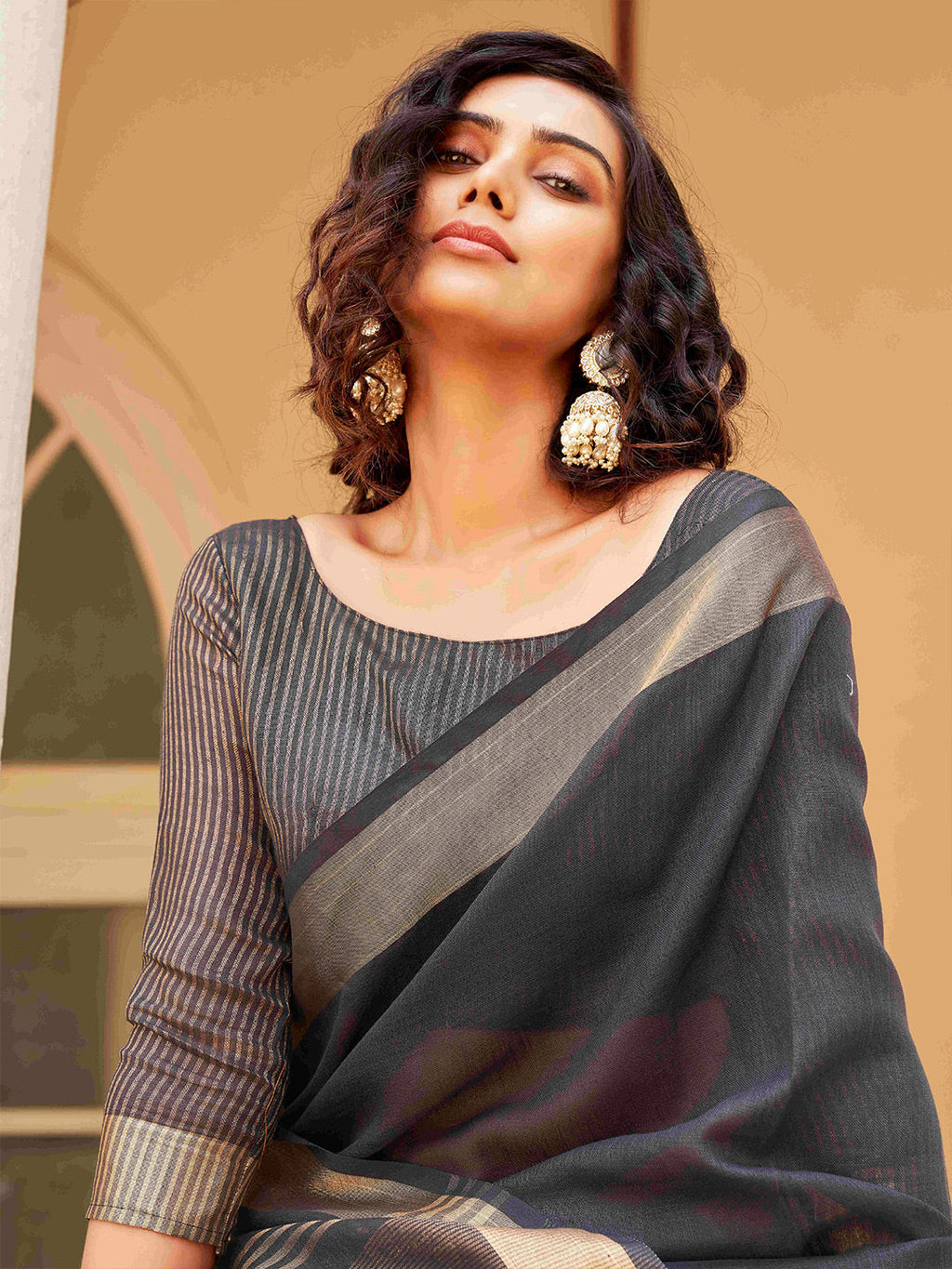 Tikhi Imli Charcoal & Gold-Toned Polycotton Zari Ready to Wear Saree