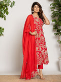 Yufta Cotton Red Anarkali Kurta Dupatta Set