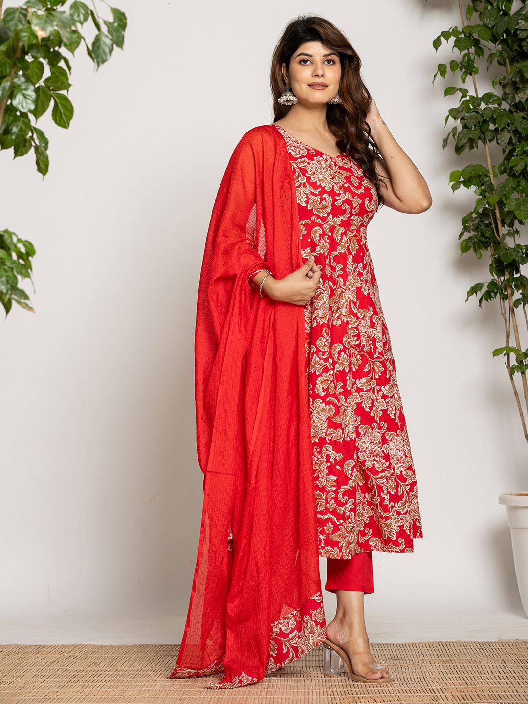 Yufta Cotton Red Anarkali Kurta Dupatta Set
