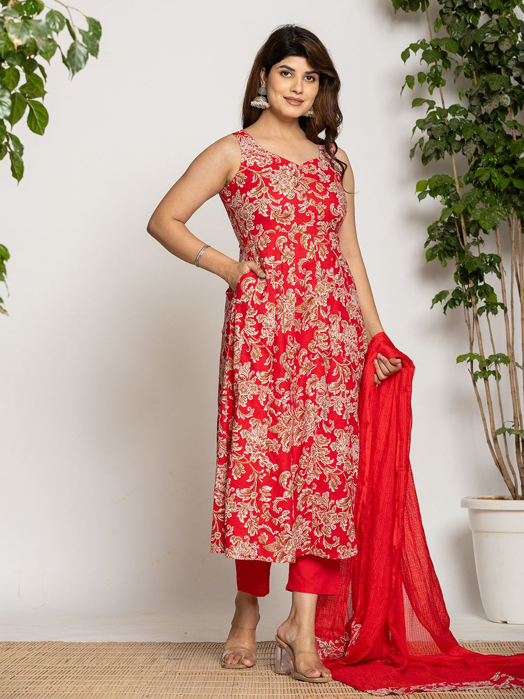 Yufta Cotton Red Anarkali Kurta Dupatta Set