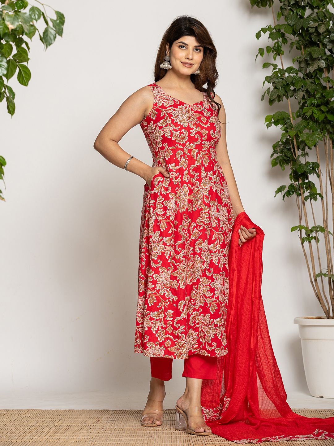 Yufta Cotton Red Anarkali Kurta Dupatta Set
