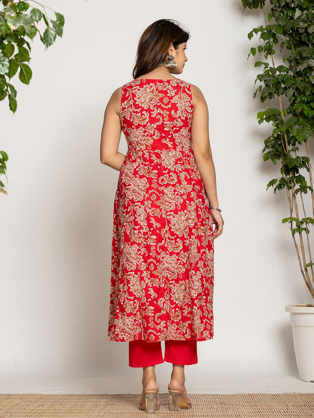 Yufta Cotton Red Anarkali Kurta Dupatta Set