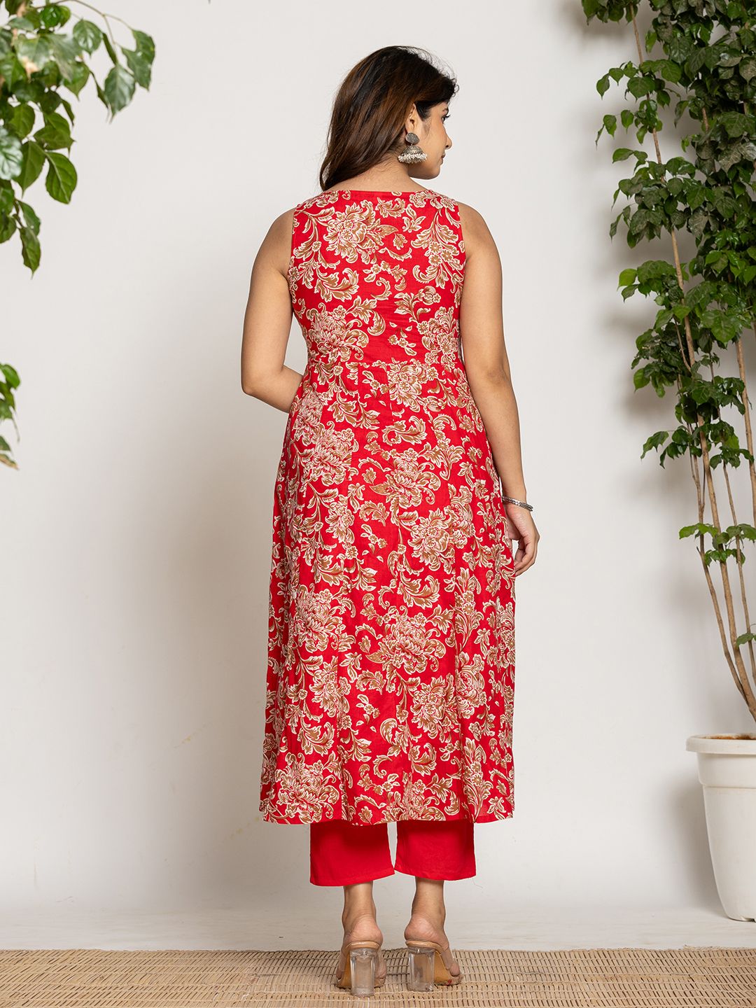 Yufta Cotton Red Anarkali Kurta Dupatta Set
