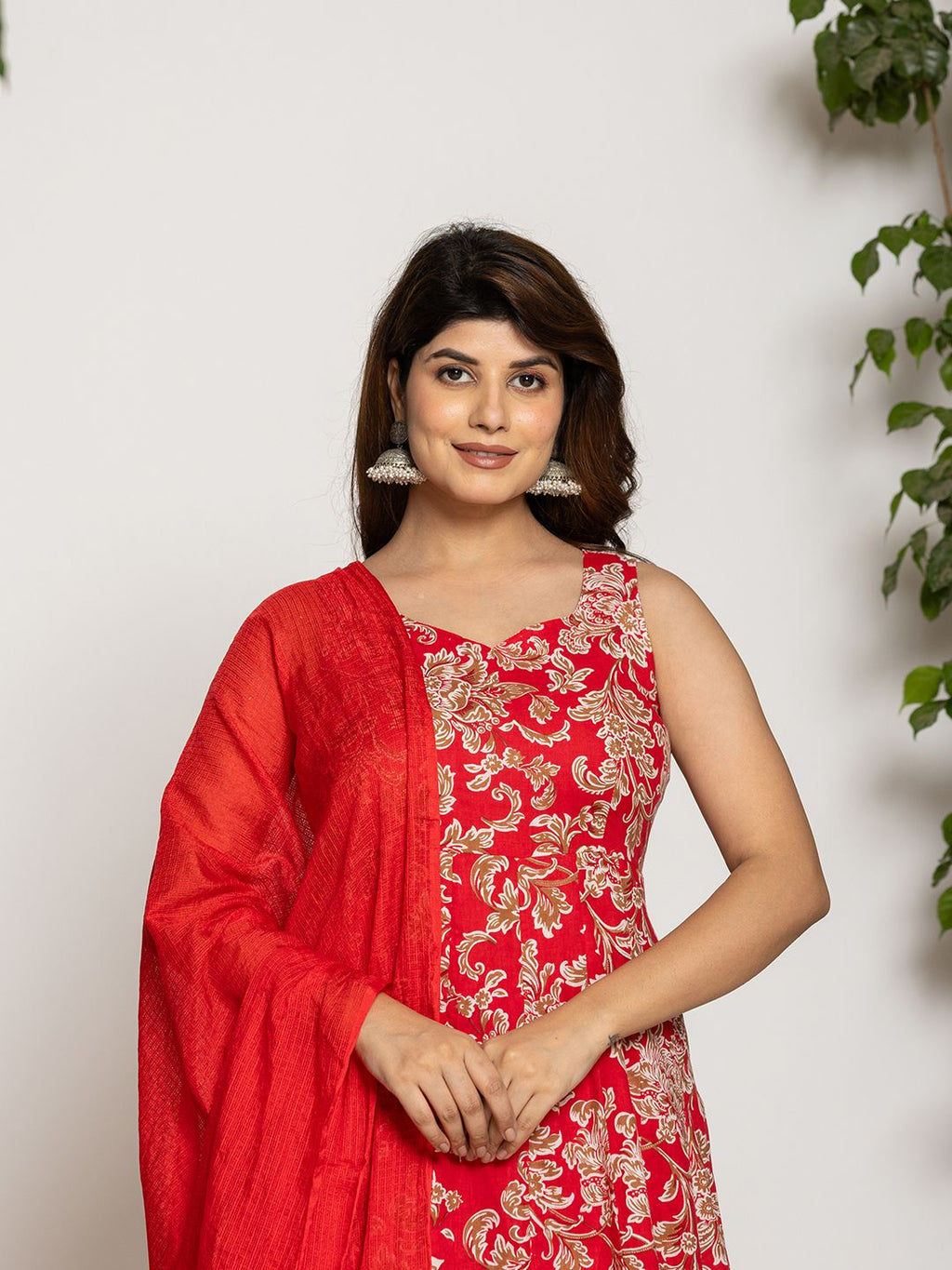 Yufta Cotton Red Anarkali Kurta Dupatta Set