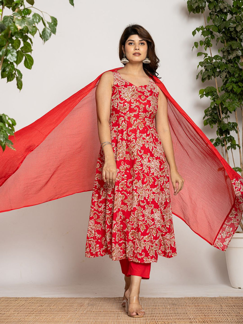 Yufta Cotton Red Anarkali Kurta Dupatta Set