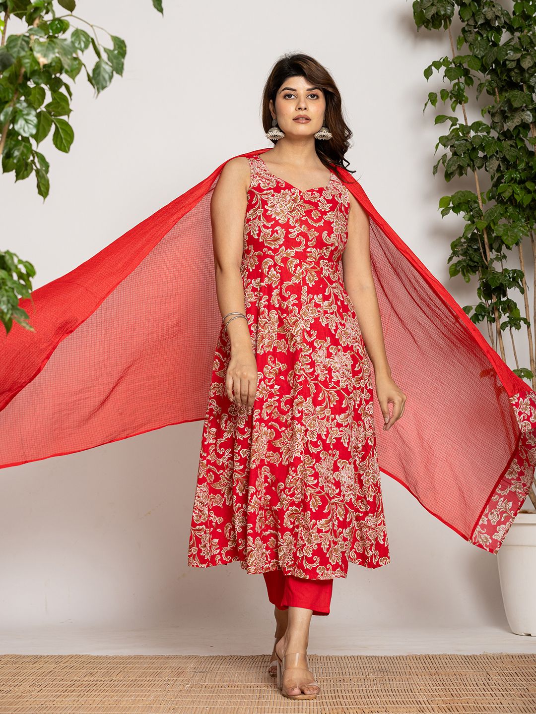 Yufta Cotton Red Anarkali Kurta Dupatta Set