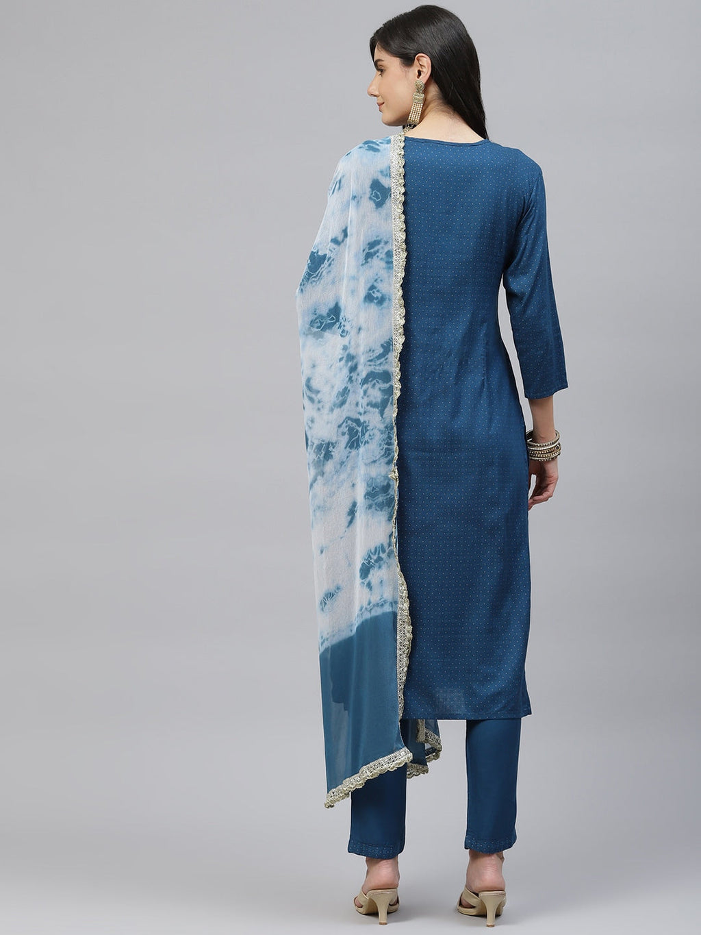 HERE&NOW Women Blue Embroidered Kurta with Trousers & Dupatta