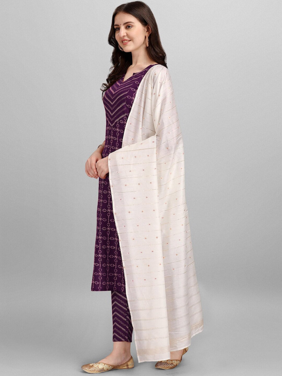HERE&NOW Purple Ethnic Motifs Printed Pure Cotton Kurta with Trousers & With Dupatta