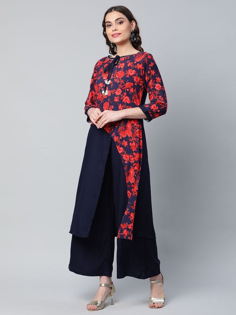 Ahalyaa Women's Navy Blue Rayon Wax Printed Kurta Palazzo Set