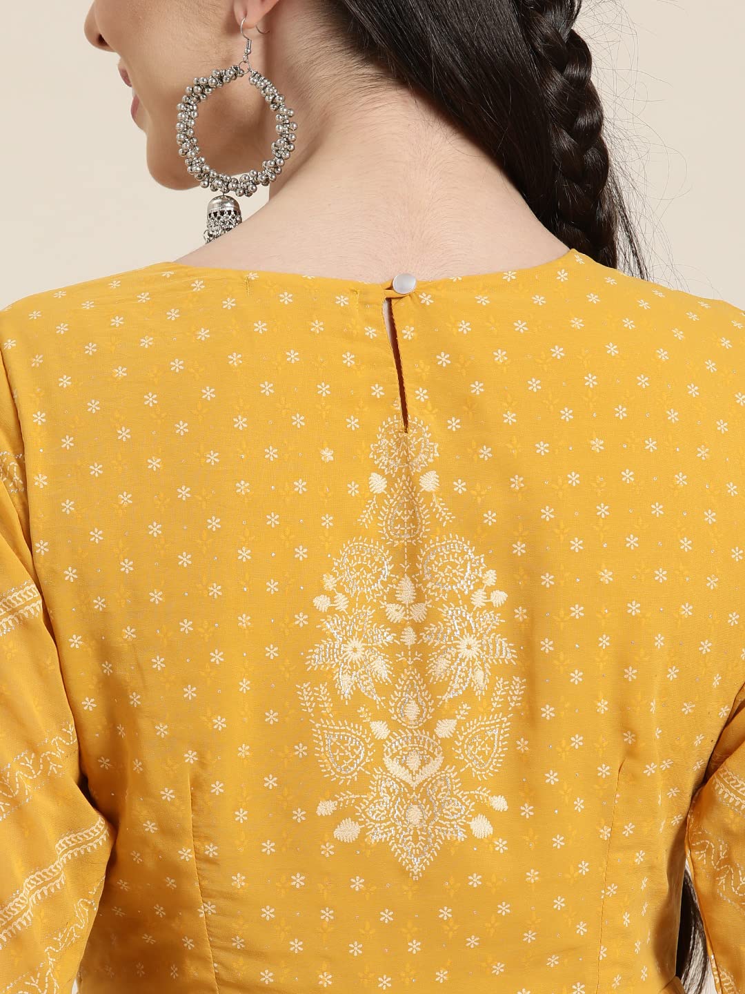 Juniper Women's Yellow Floral Printed Georgette Maxi Dress With Beads Kantha Work & Sequins At Neckline