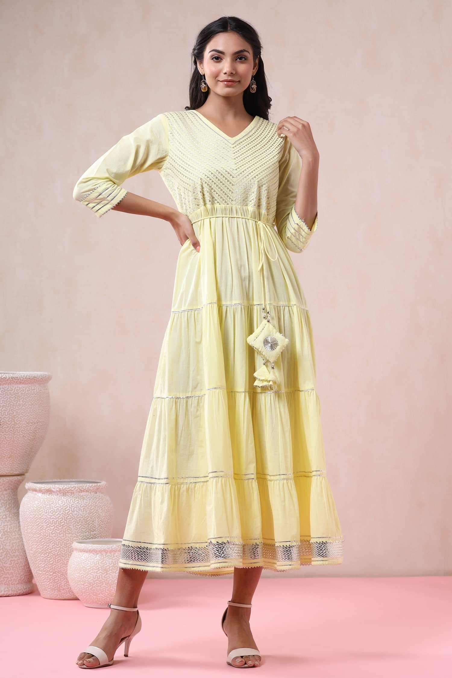 Juniper Women's Yellow Solid Pure Cotton Solid Tiered Maxi Dress With Gota Work Dori Tie-Up & Cushioned Tassels At Waist