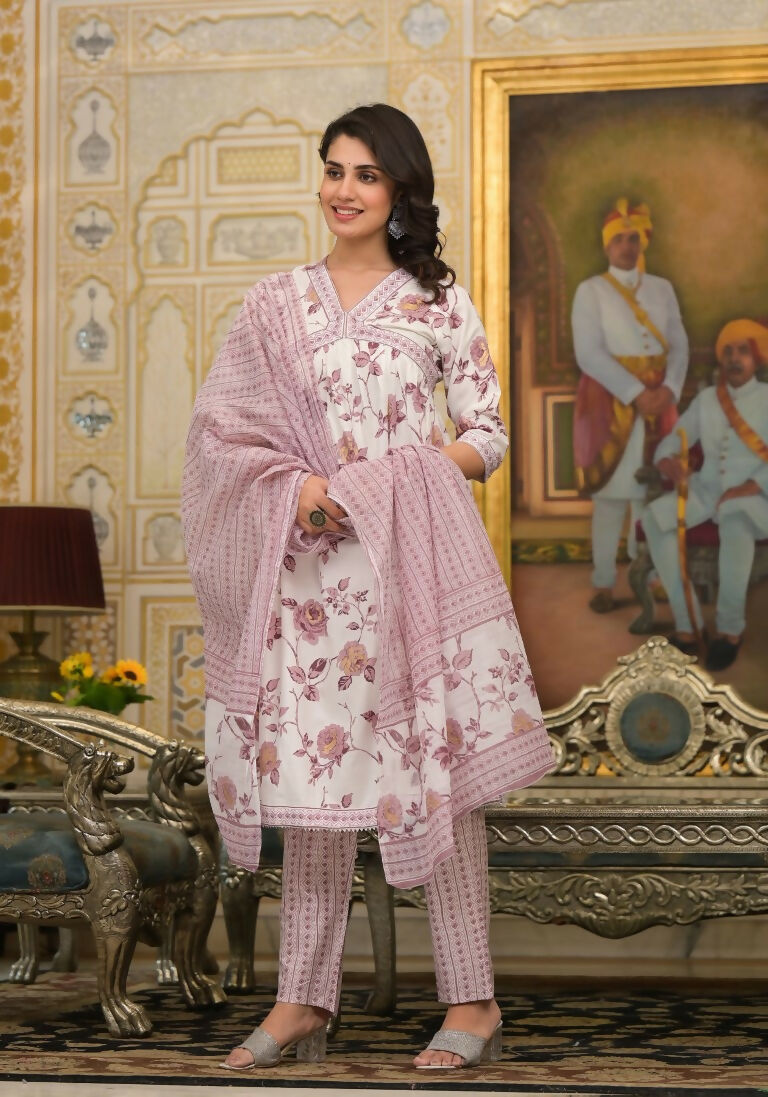Partywear Designer Lavender Cotton Stitched Suit With Dupatta - Tanisha
