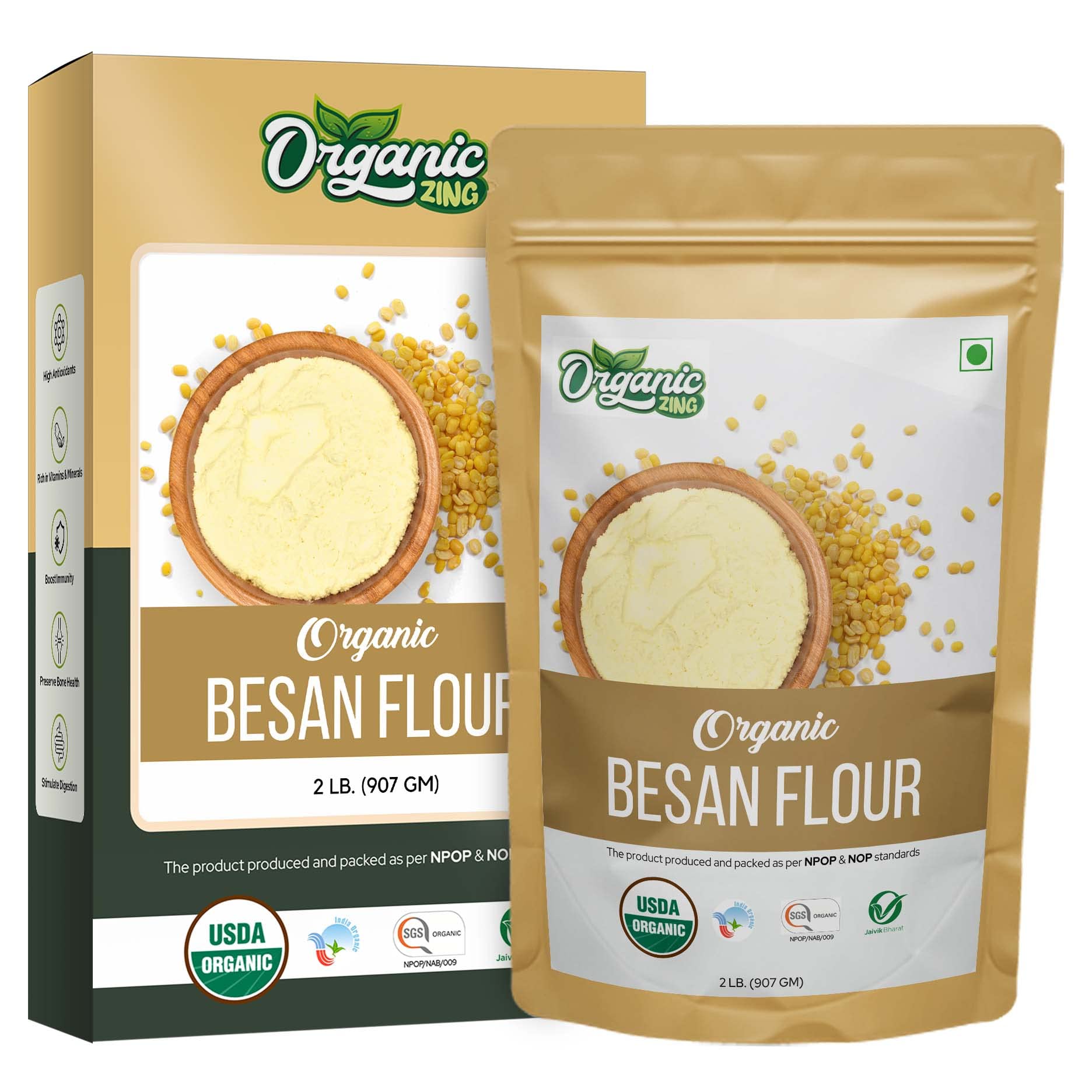 Organic Zing Besan Flour also known as Chickpea Flour, Bengal Gram Flour or Garbanzo Bean Flour |Vegan| Preservative Free | Resealable Pack