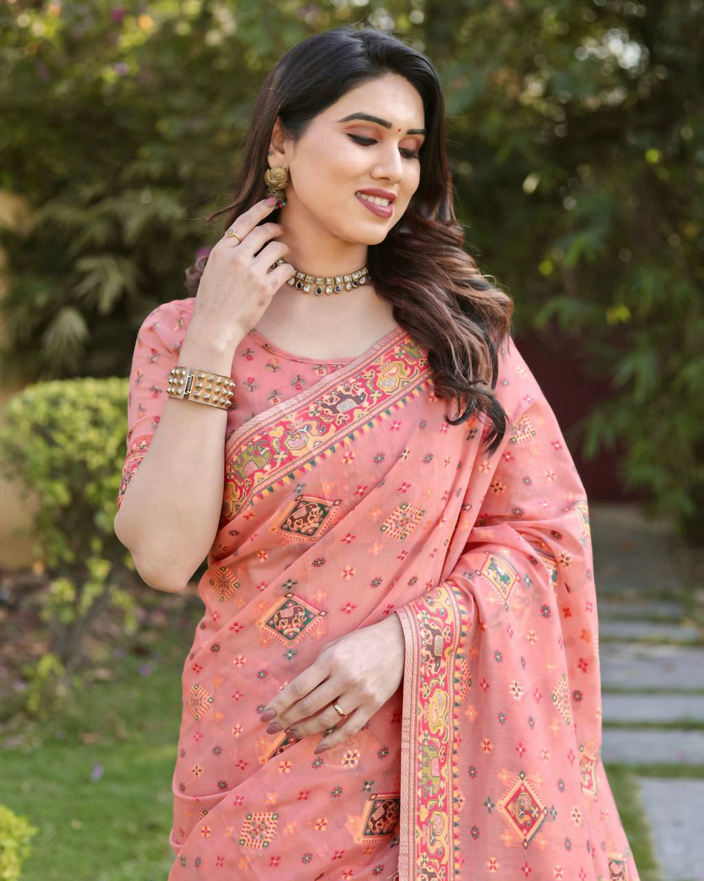 Vastranavya Luxury and Beautiful Soft, Smooth, Flowing Original Pashmina Soft Cotton Saree with Matching Blouse Fabric - Peach