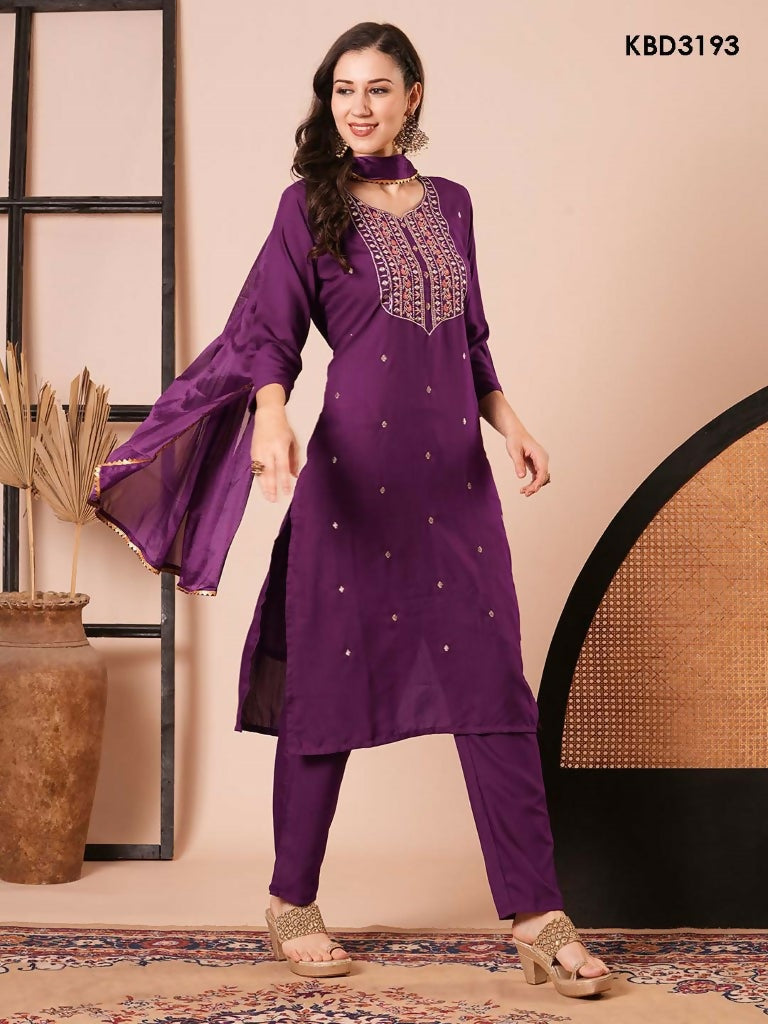 Purple Rayon Slub Embroidery Work Kurta Set - Riya