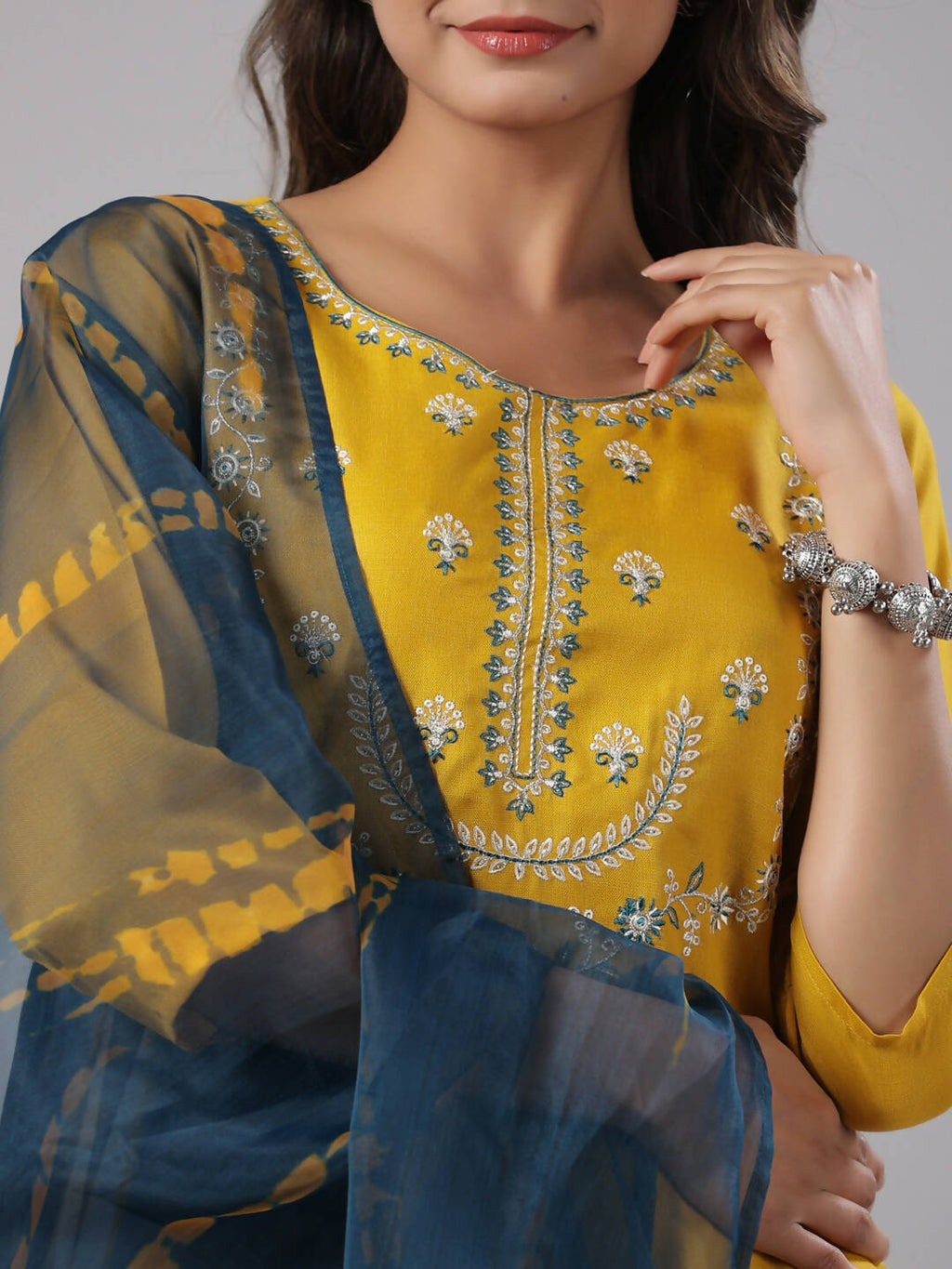 Juniper Women's Mustard Silk Zari Embroidered Kurta Pant Dupatta Set