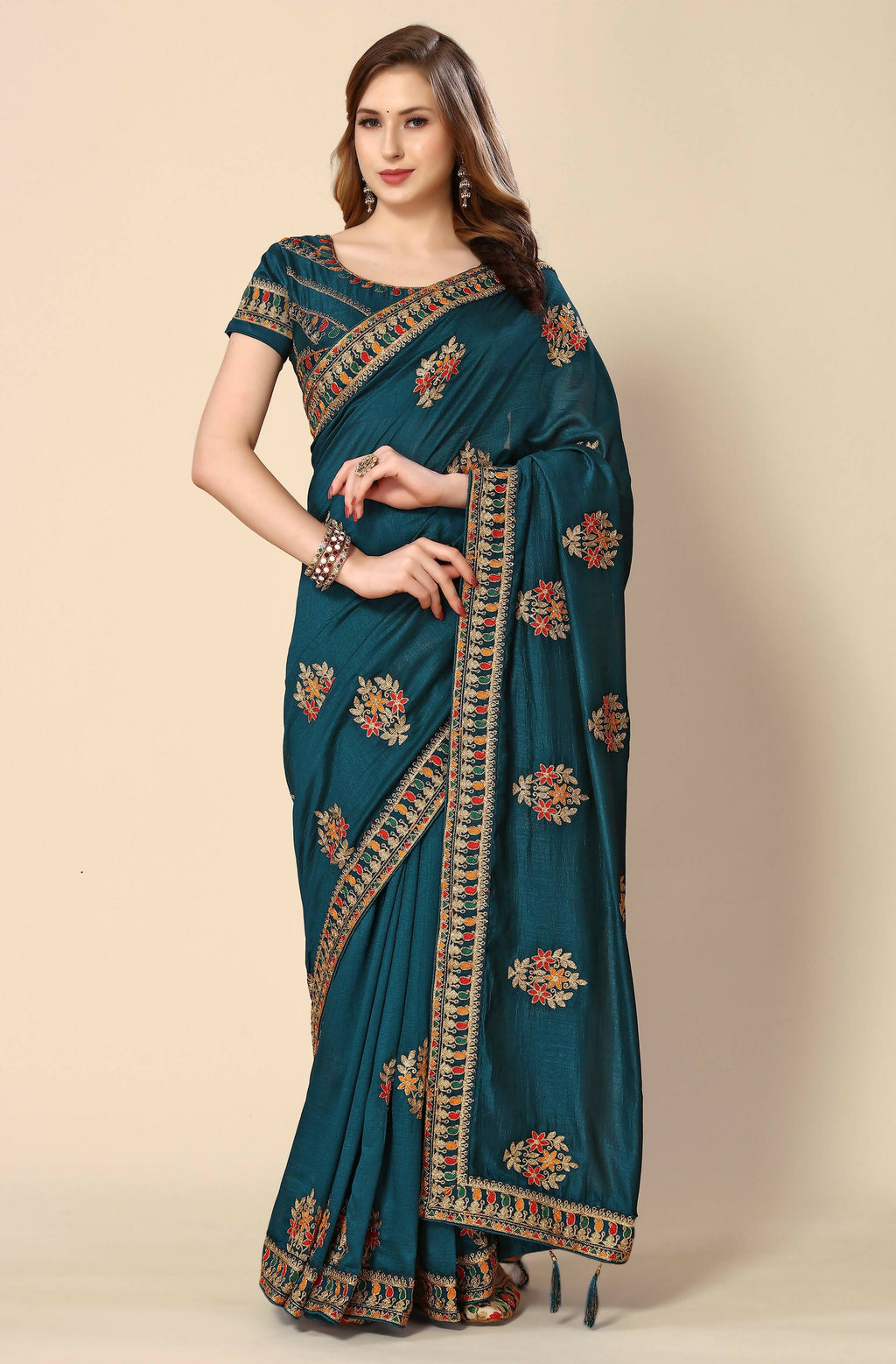 Teal Chinon Embroidered Saree with Unstitched Blouse Piece - Roozal