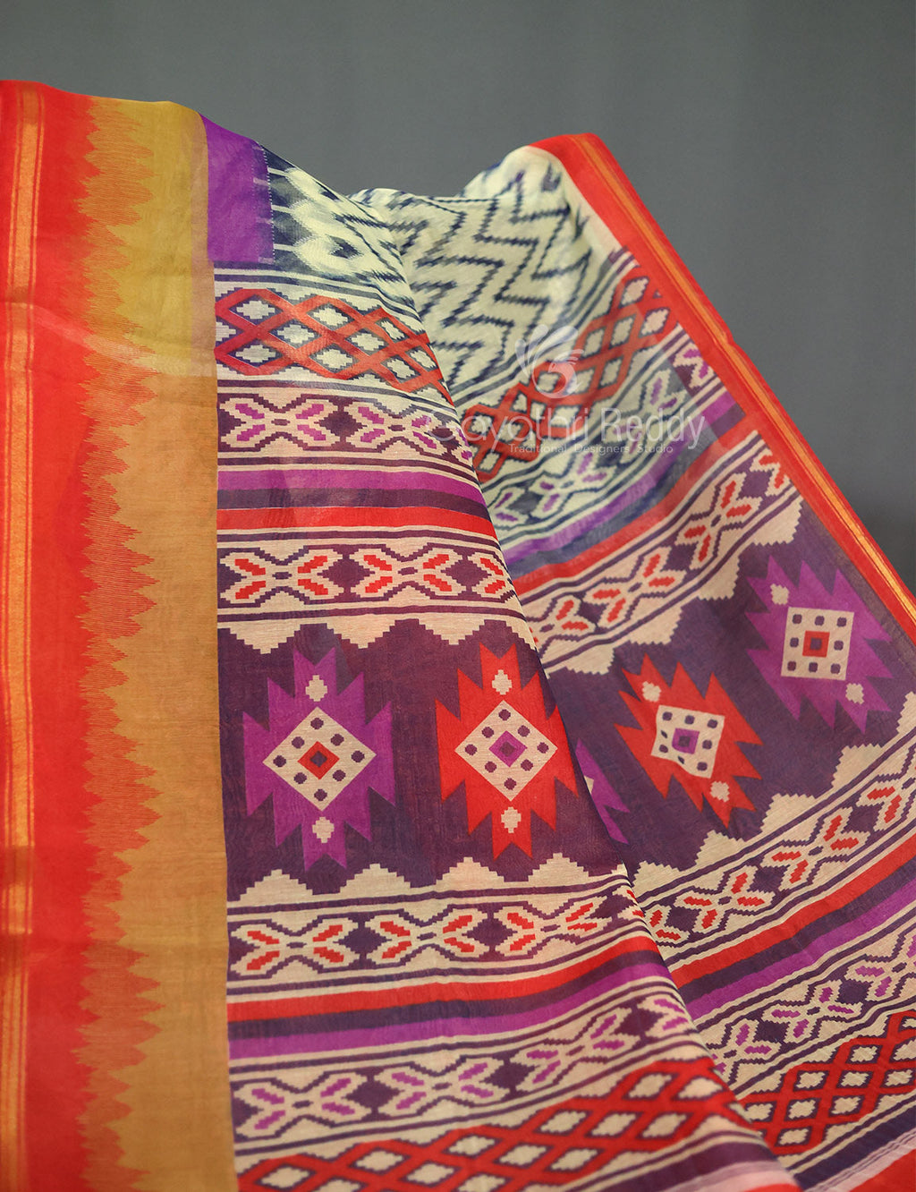 Shades of Light Apple Green And Orange Colour Blouse Ikat Design Semi Chanderi Saree By Gayathri Reddy Designer Studio