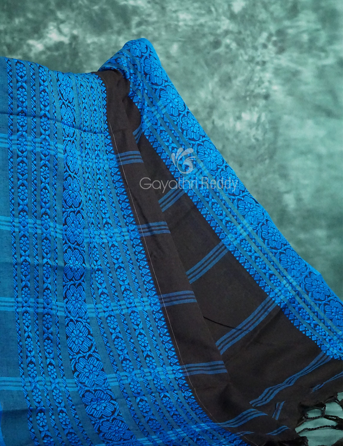 Black And Ink Blue Colour Contrast Thread Border Khadi Cotton Saree By Gayathri Reddy Designer Studio
