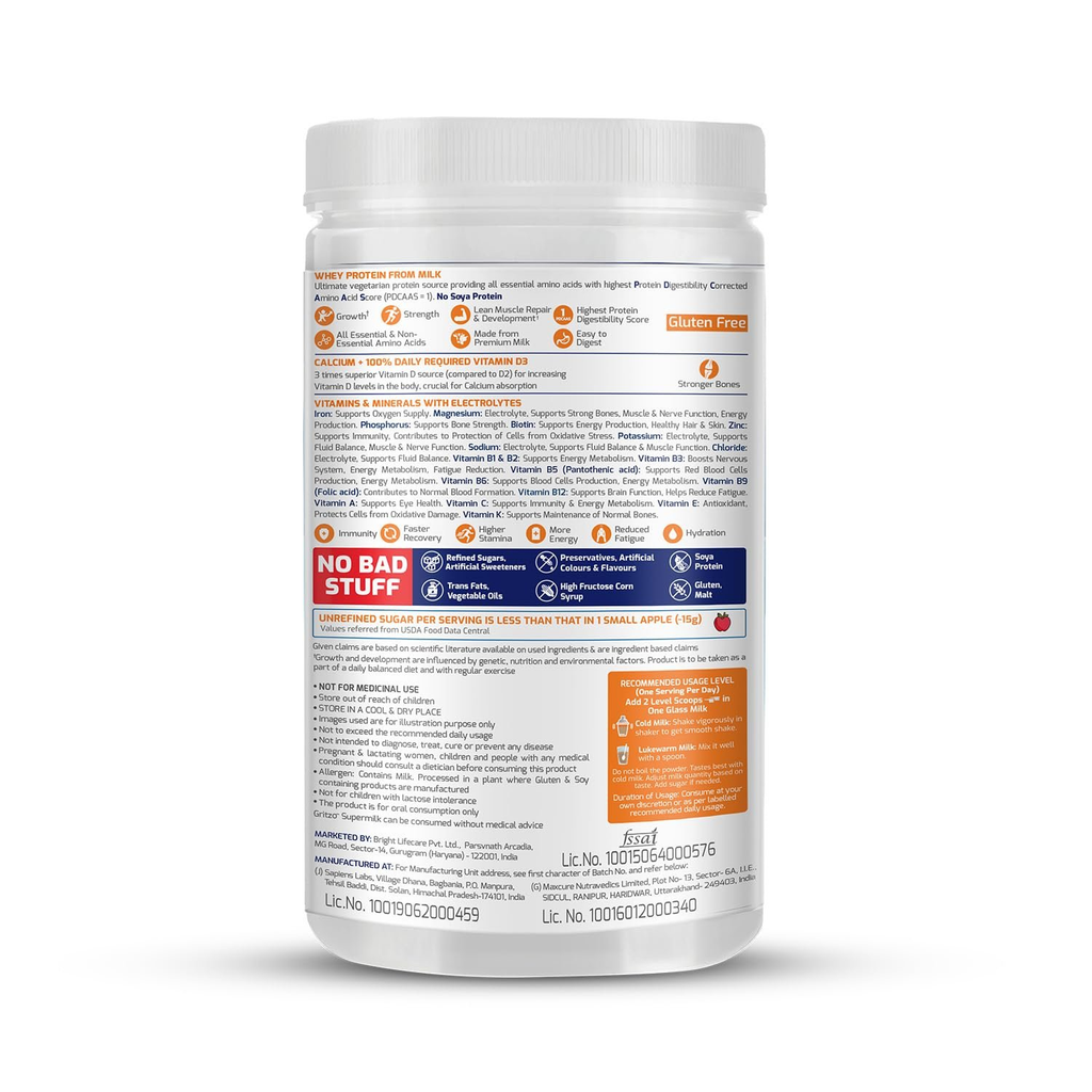 Gritzo SuperMilk Overall Growth (7-12y Boys), 9g Protein (Double Chocolate, Zero Refined Sugar, 20 Vitamins & Minerals