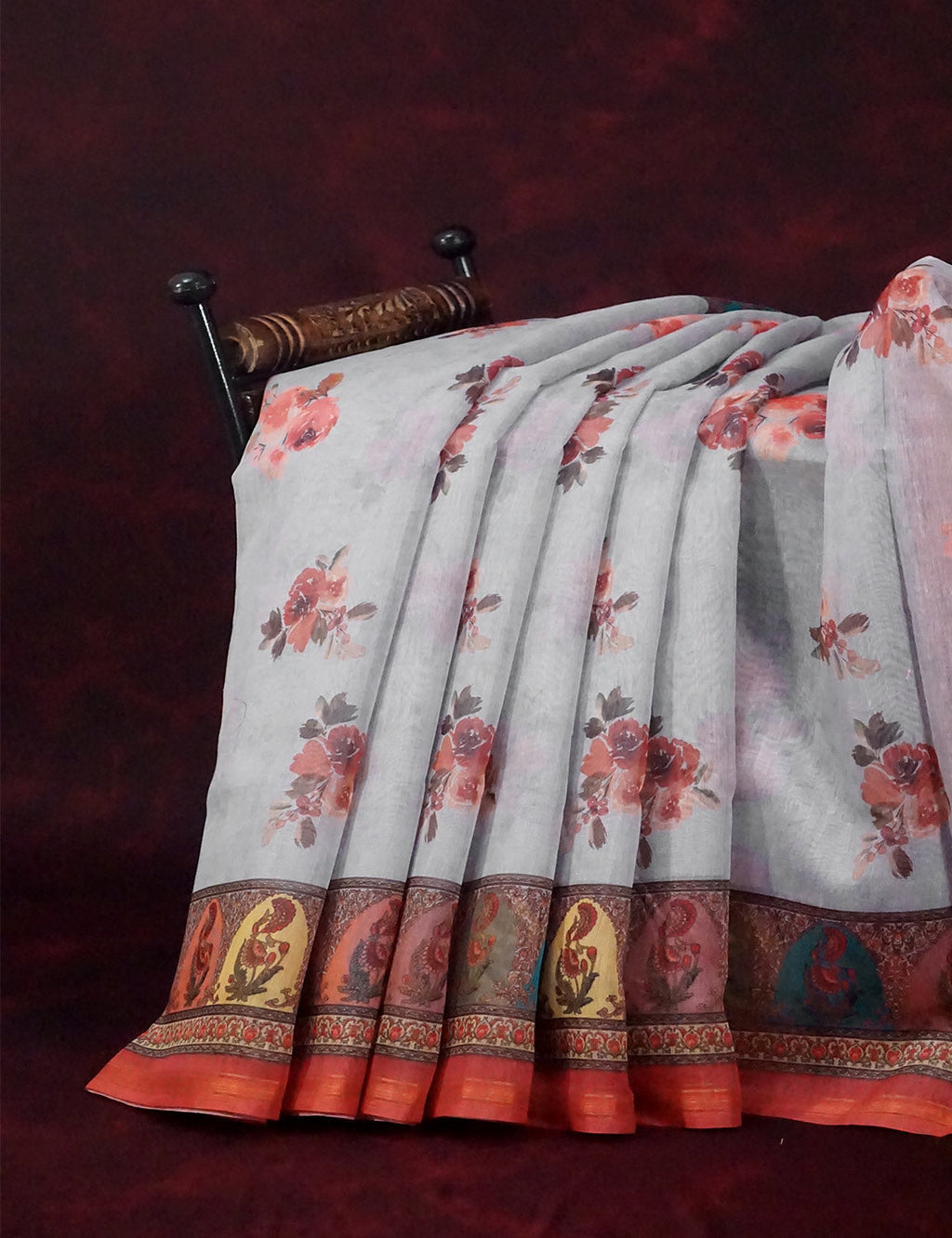 Mix of Grey and Orange Floral Print Semi Chanderi Saree By Gayathri Reddy Designer Studio