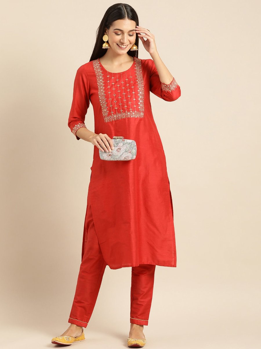 All About You Women Red Woven Design Kurta with Trousers