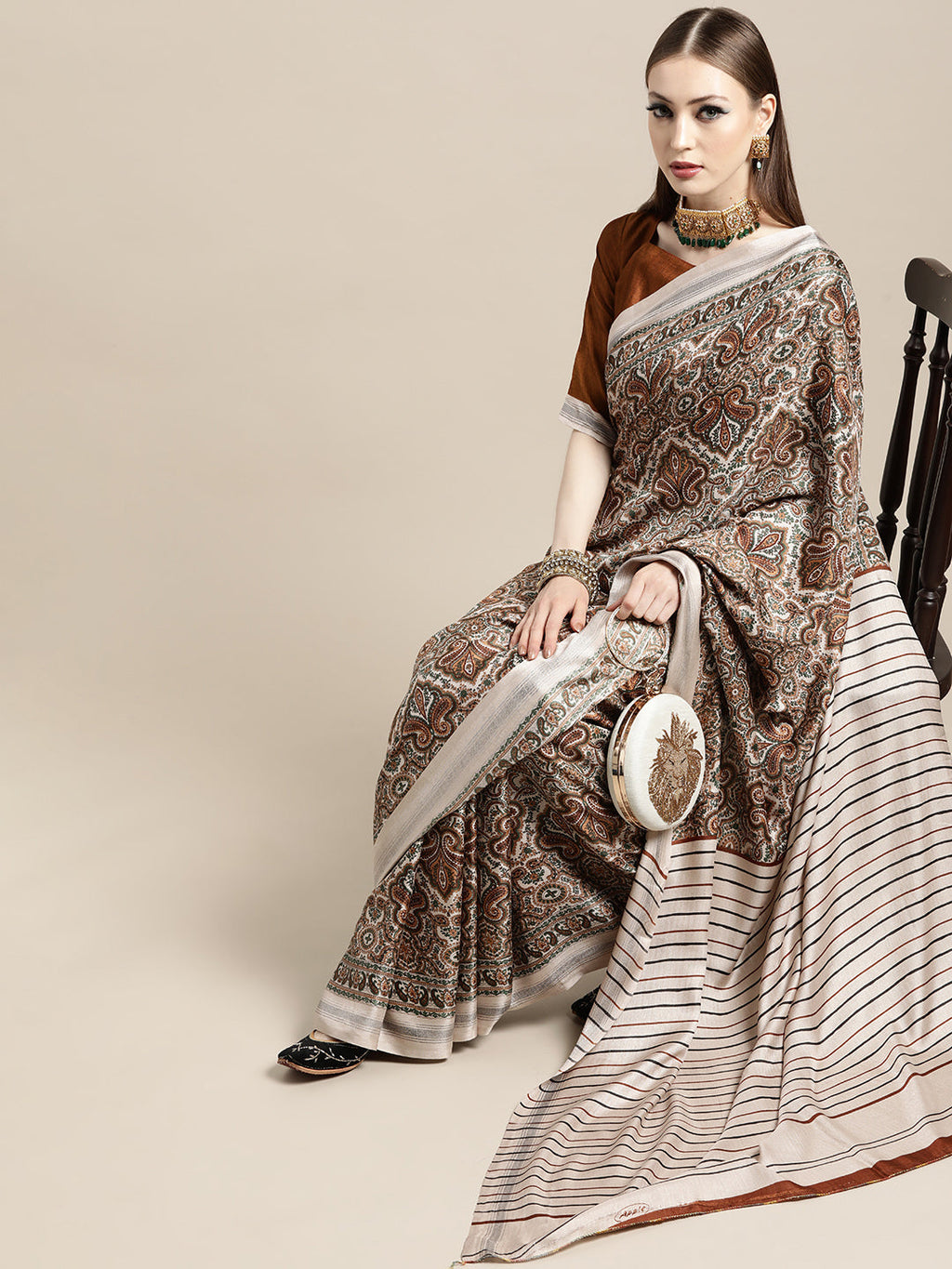 Saree Mall Cream-Coloured & Brown Paisley Printed Pashmina Silk Bagru Saree