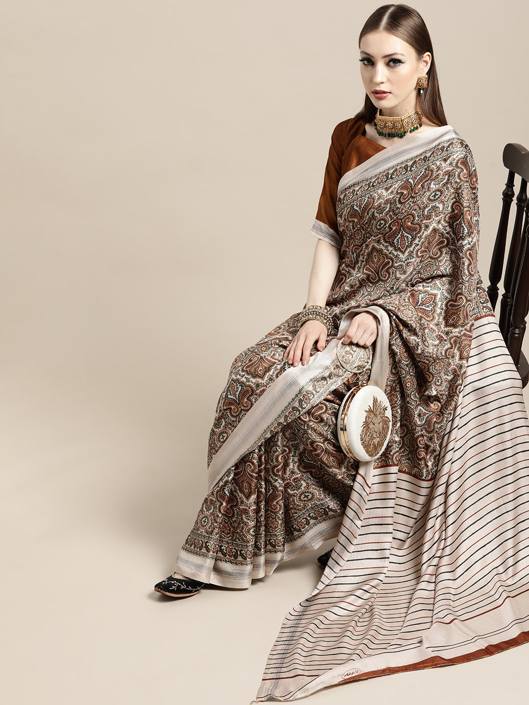 Saree Mall Cream-Coloured & Brown Paisley Printed Pashmina Silk Bagru Saree