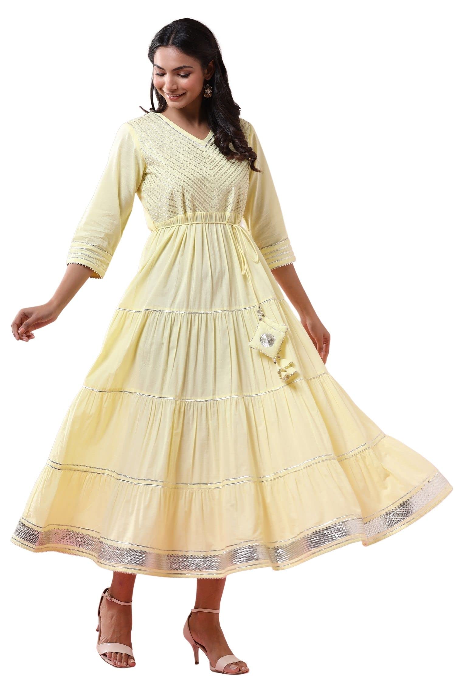 Juniper Women's Yellow Solid Pure Cotton Solid Tiered Maxi Dress With Gota Work Dori Tie-Up & Cushioned Tassels At Waist