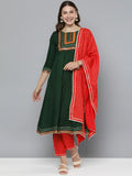 HERE&NOW Floral Yoke Design Regular Thread Work Kurta with Trousers & With Dupatta
