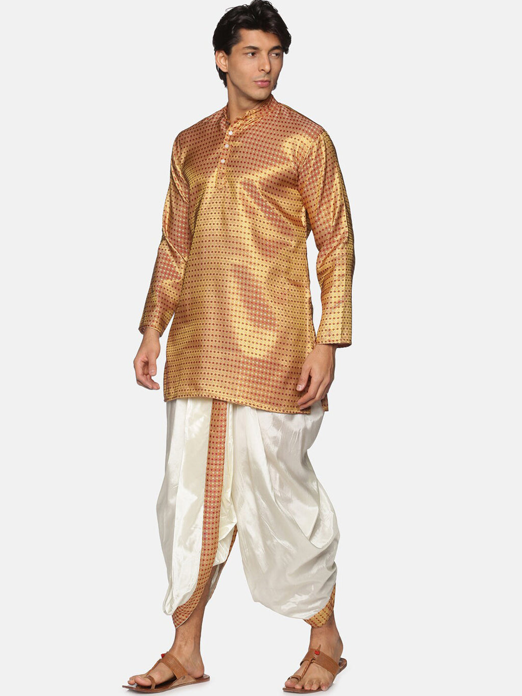 Sethukrishna Men Gold-Toned Striped Kurta with Dhoti Pants