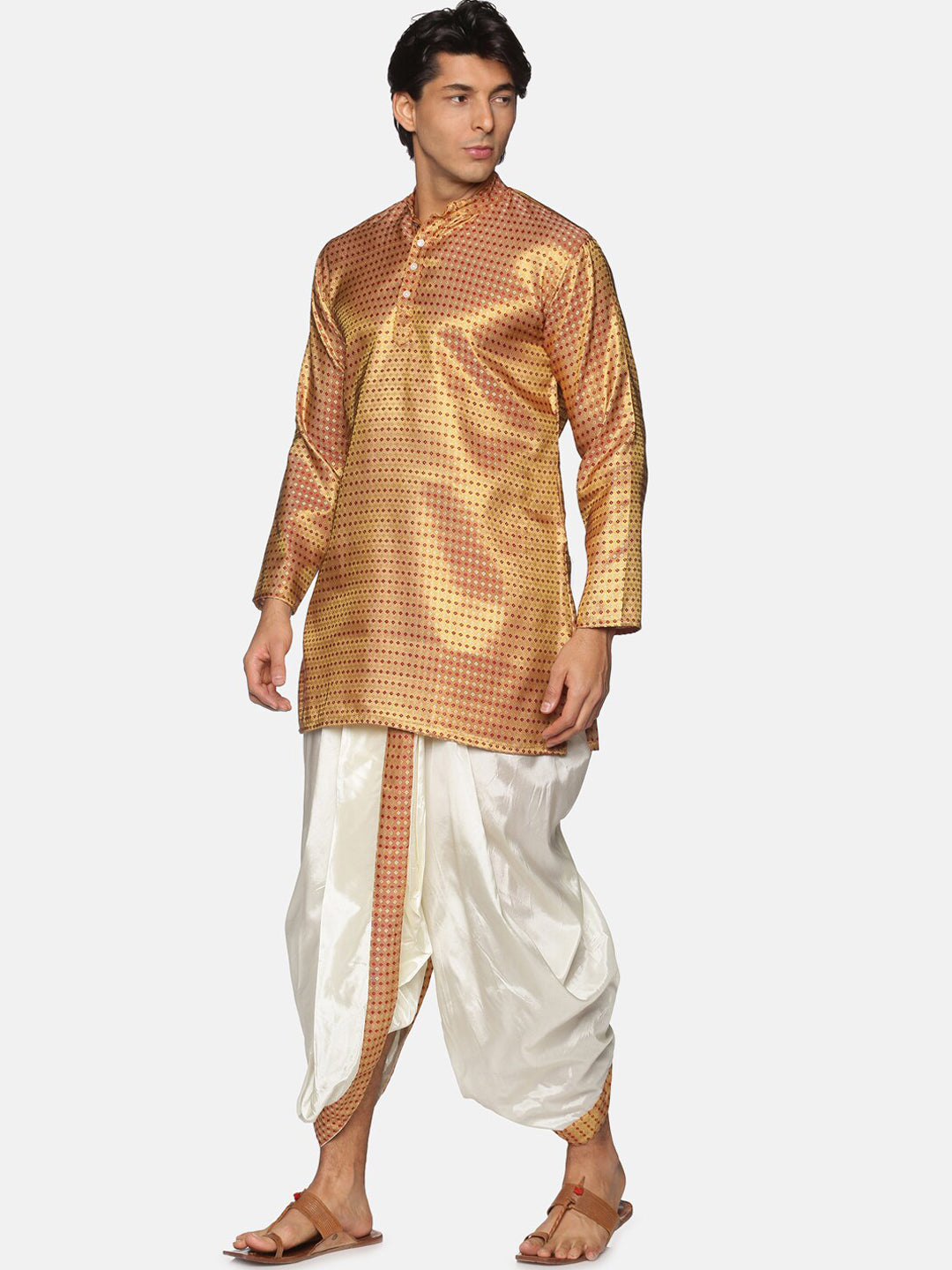 Sethukrishna Men Gold-Toned Striped Kurta with Dhoti Pants