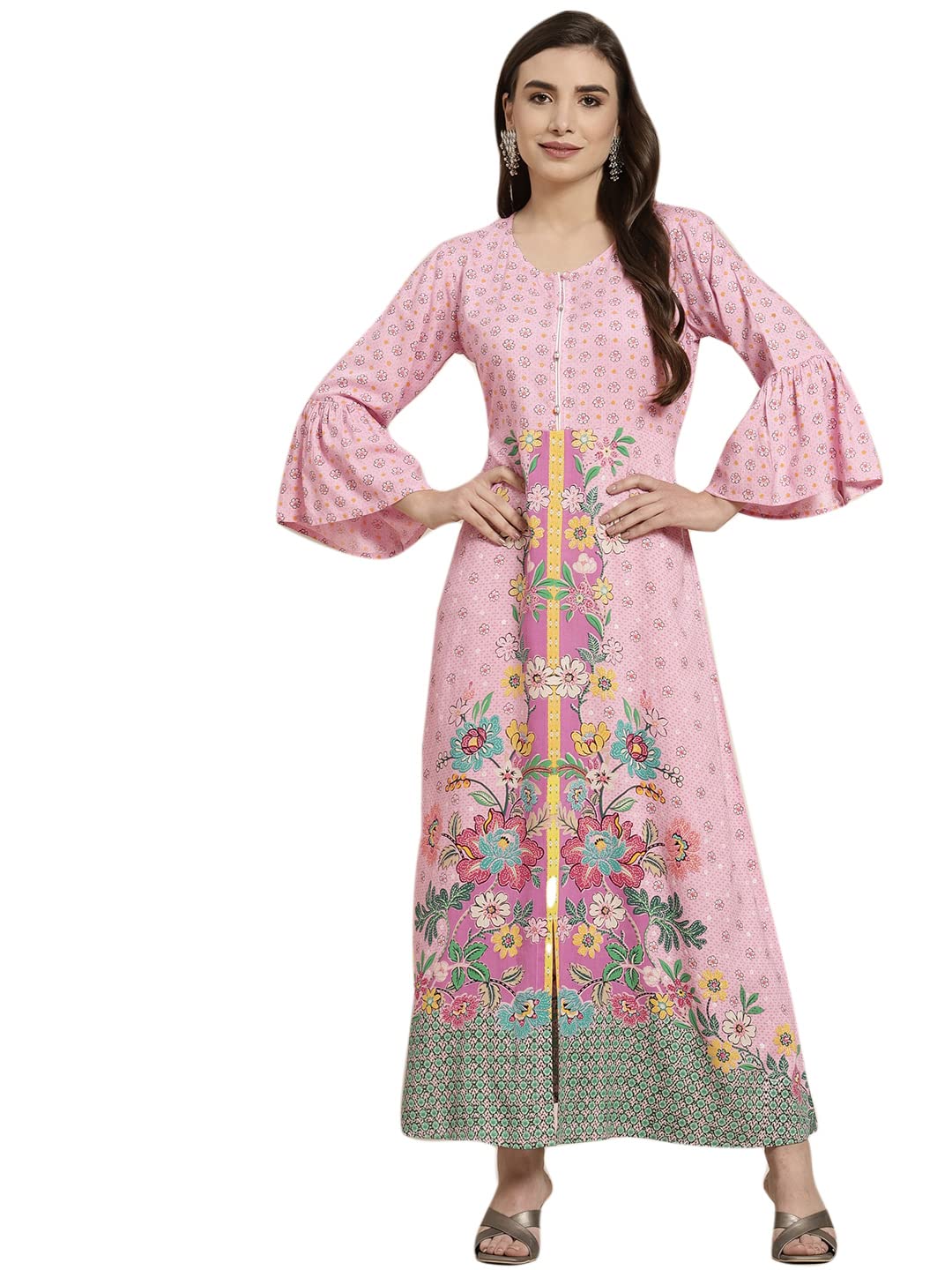 Juniper Women's Pink Floral Printed Rayon Kurta With Buttons Closure At Back